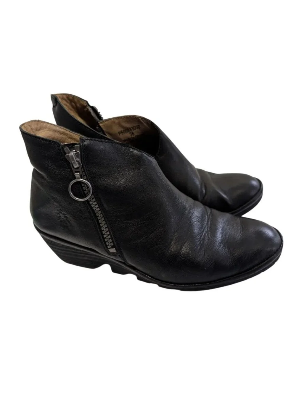 Fly London Poro Y2K Black Leather Wedge Zip Ankle Boots Booties Size 38 US 7.5
